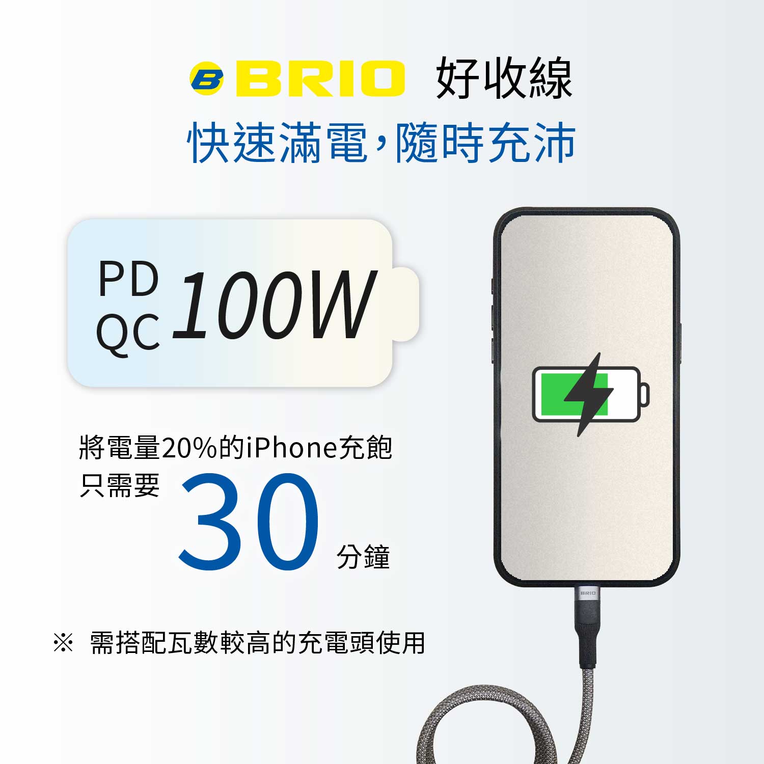 brio磁吸線，支援100W快速充電